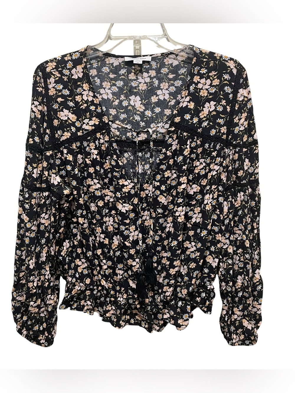 American Eagle Floral Peplum Blouse Black Womens Size Large Long Sleeve Boho